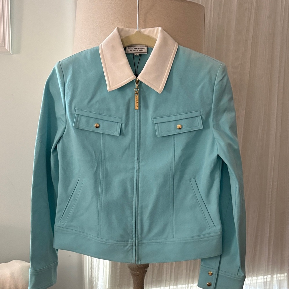 Striking St John Turquoise Bomber Jacket with White Collar sz P